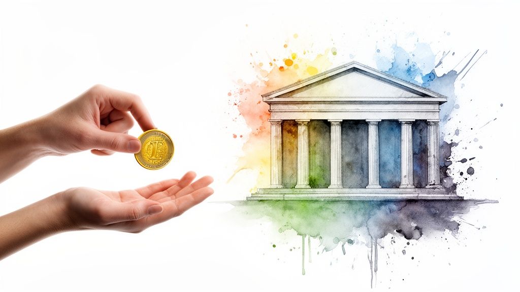 Une main offrant une pièce d'or à une autre, avec un bâtiment institutionnel en aquarelle colorée.