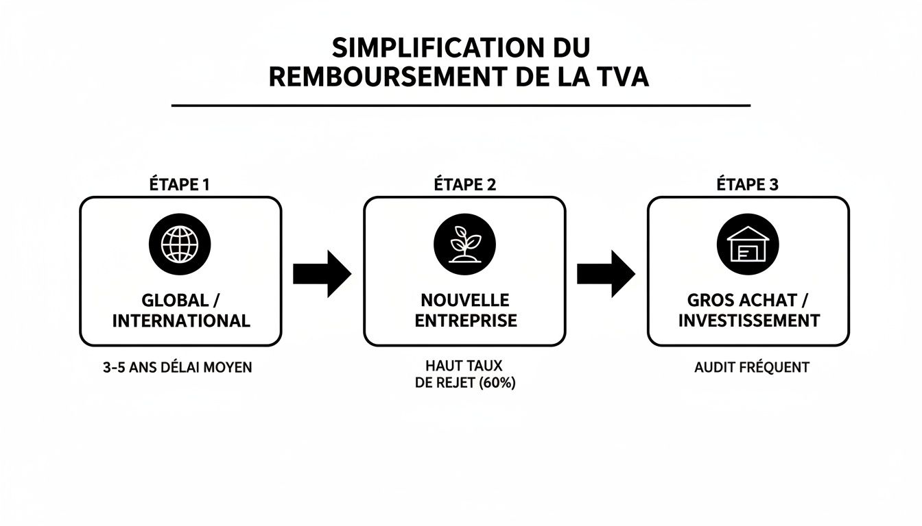Diagramme expliquant la simplification du processus de remboursement de la TVA en trois étapes clés.