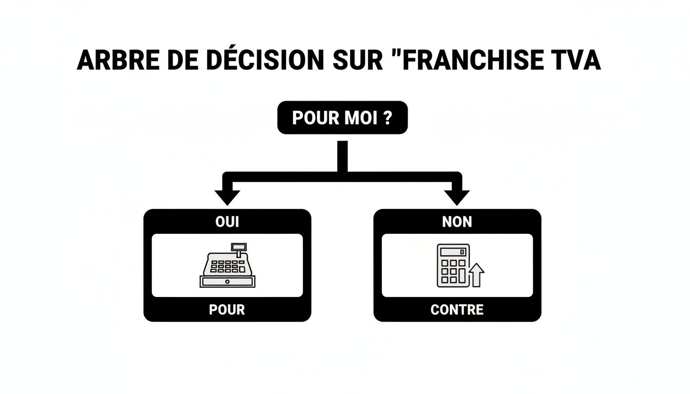 Arbre de décision expliquant la franchise de TVA, demandant si elle est pertinente, avec des options pour ou contre.