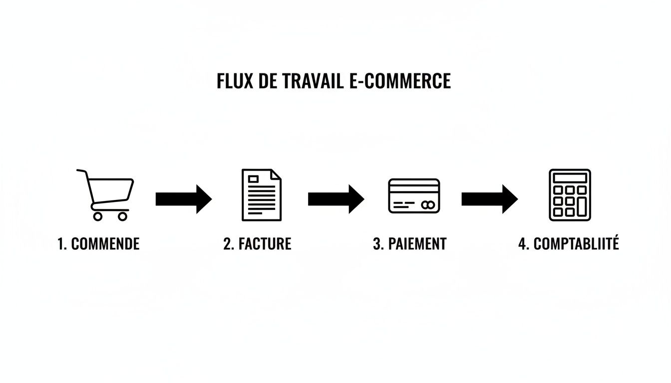 Schéma illustrant le flux de travail d'un e-commerce, incluant la commande, la facture, le paiement et la comptabilité.