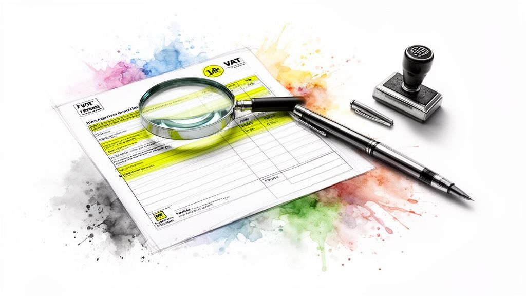 Une loupe, un stylo, un tampon et un document financier sur fond aquarelle coloré.