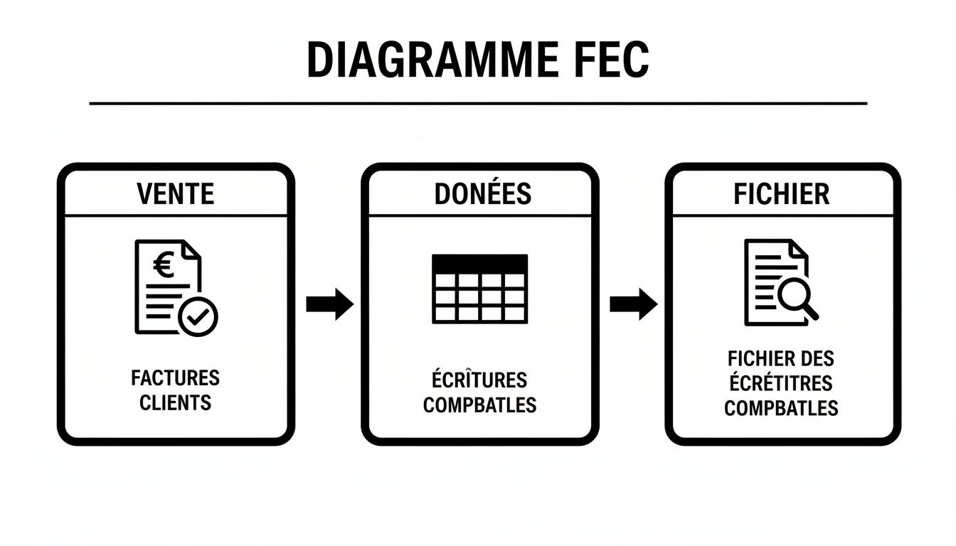 Diagramme FEC illustrant le flux des ventes, factures clients, écritures comptables et la génération du fichier.