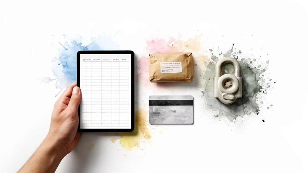 Une main tient une tablette affichant un registre de comptes, près d'un colis, une carte bancaire et un cadenas sur fond abstrait.