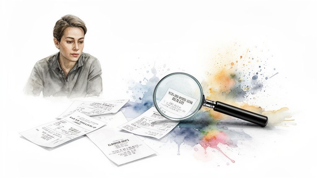 Femme examinant des reçus et documents financiers avec une loupe, sur fond d'éclaboussures d'aquarelle.