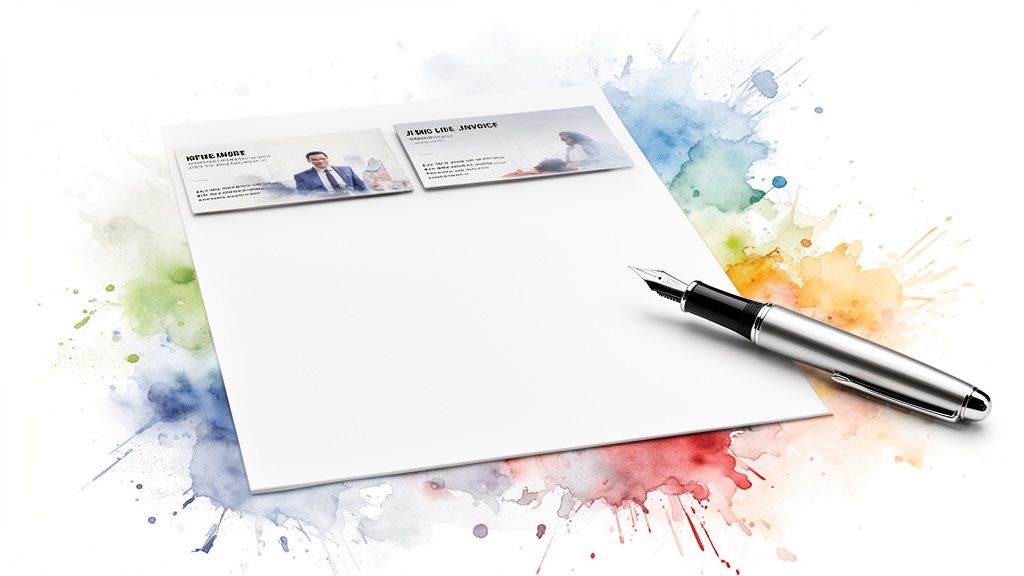 Une feuille de papier blanche avec deux cartes professionnelles et un stylo-plume, entourée de taches d'aquarelle colorées.