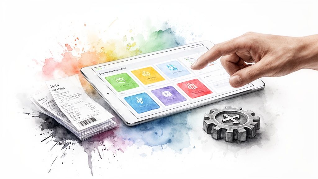 Main touchant une tablette affichant des options de gestion colorées, avec des reçus et un engrenage sur fond aquarelle.