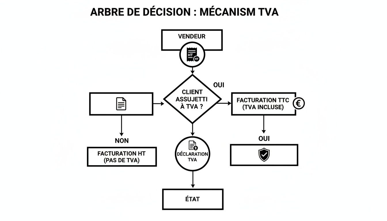 Arbre de décision expliquant le mécanisme de la TVA, de la facturation à la déclaration.
