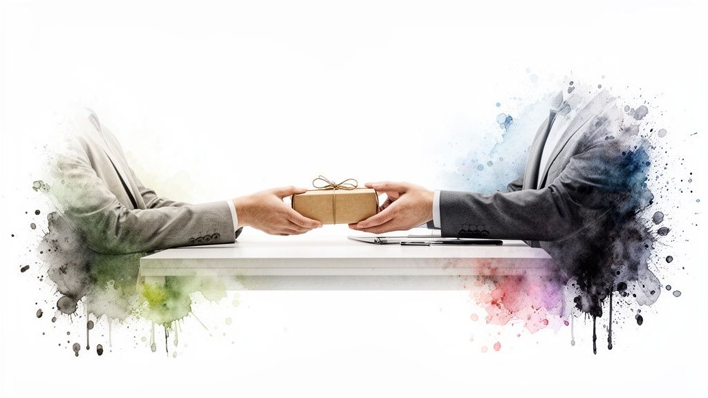 Deux personnes en costume échangent un cadeau sur une table, avec des effets d'aquarelle artistiques.