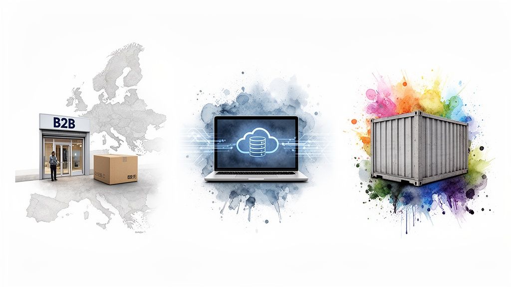 Magasin B2B en Europe, ordinateur portable avec cloud de données, et conteneur d'expédition coloré.