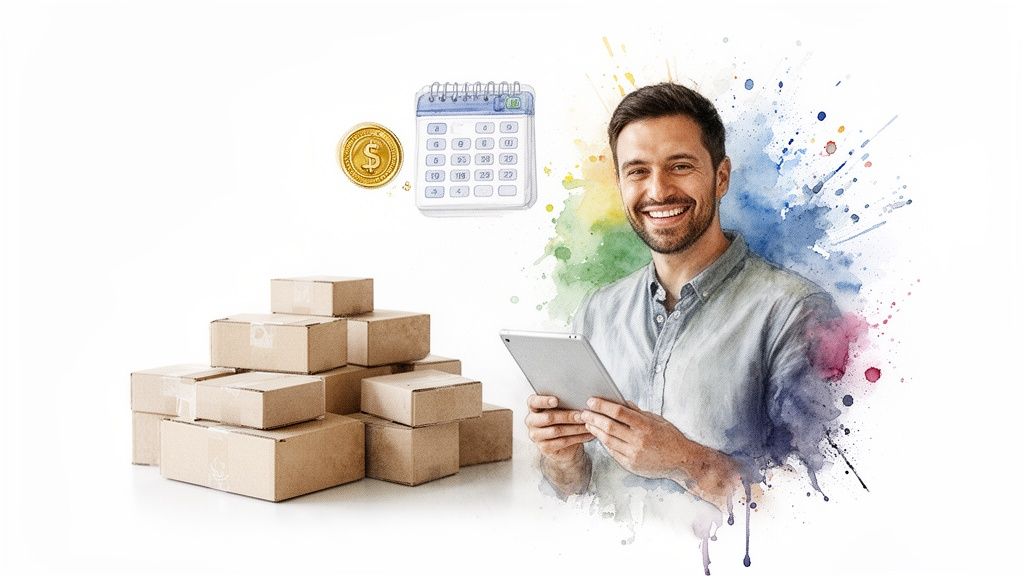 Un homme souriant avec une tablette, des cartons, un calendrier et une pièce d'or symbolisant la gestion des affaires ou l'expédition.