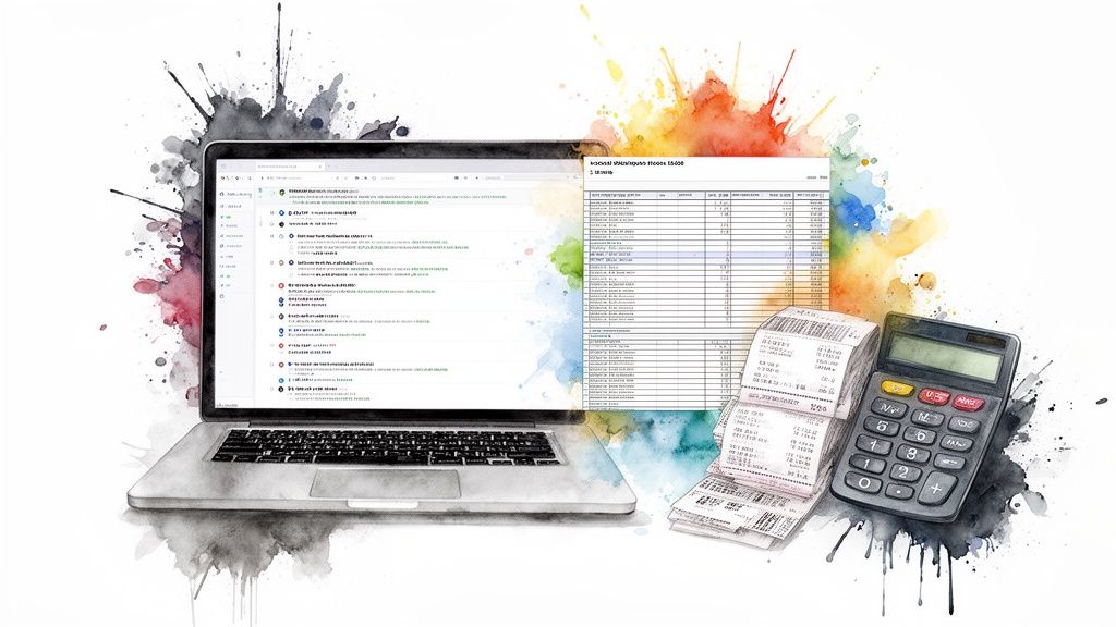 Un ordinateur portable affichant des données financières, des reçus et une calculatrice, sur un fond aquarelle.