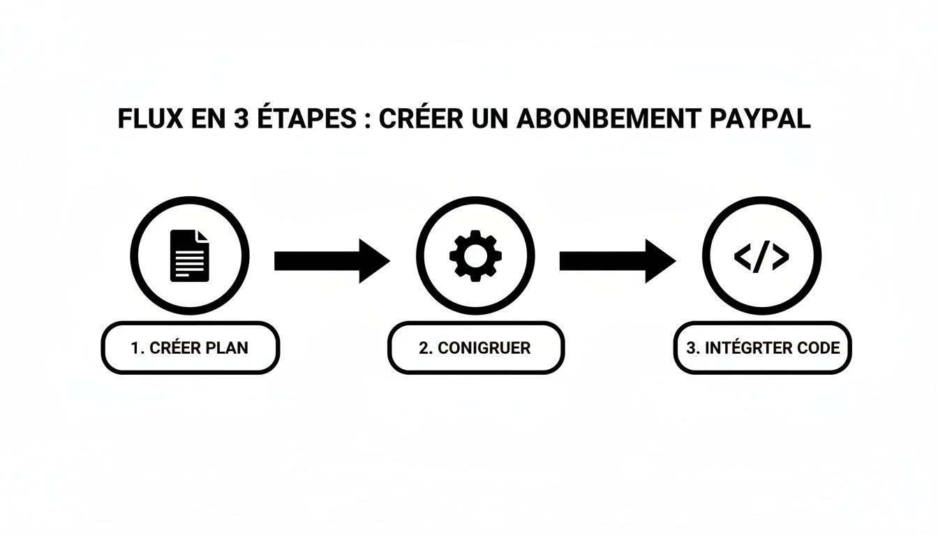 Diagramme illustrant les 3 étapes pour créer un abonnement PayPal : plan, configuration et intégration du code.