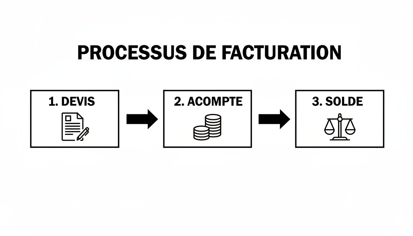 Diagramme du processus de facturation illustrant les étapes clés : devis, acompte et solde avec leurs icônes représentatives.