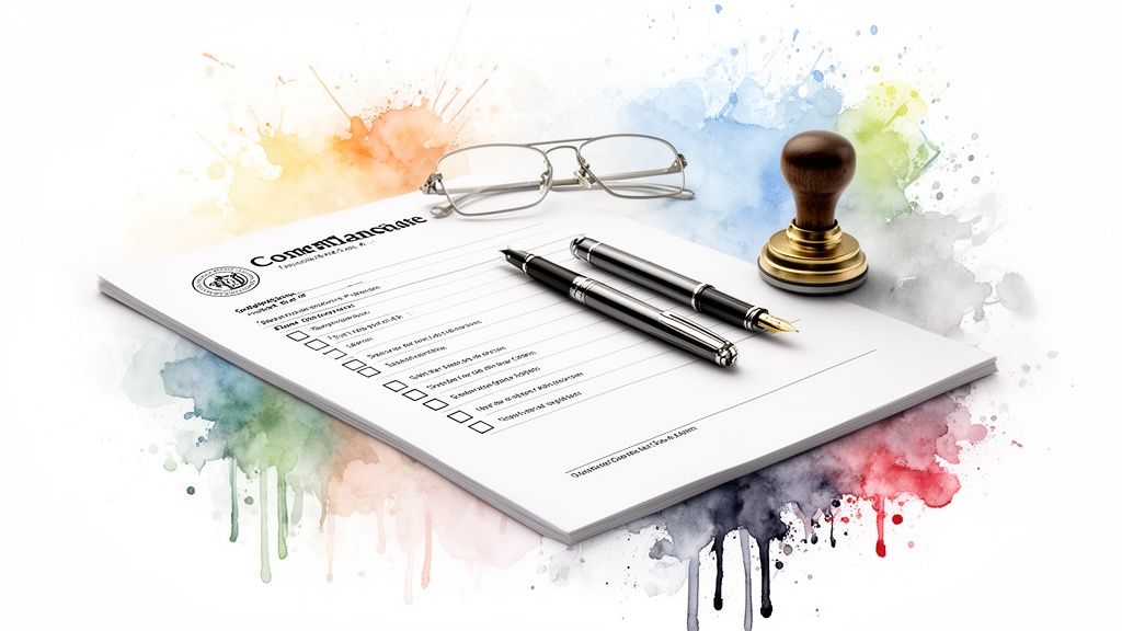 Un formulaire avec une liste à cocher, des stylos, des lunettes et un tampon sur fond d'aquarelle colorée.