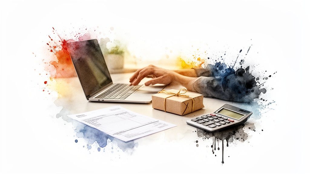 Personne travaillant sur un ordinateur portable avec calculatrice, document et colis sur un bureau, entouré d'éclaboussures d'aquarelle.