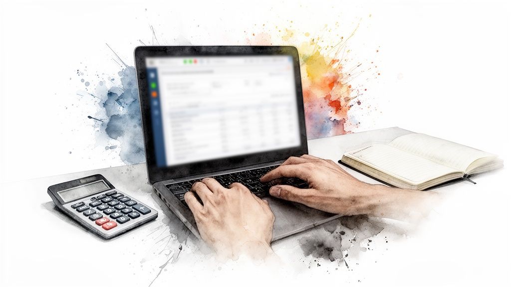 Une personne tape sur un ordinateur portable avec une calculatrice et un carnet ouvert, sur un fond blanc avec des éclaboussures d'aquarelle.