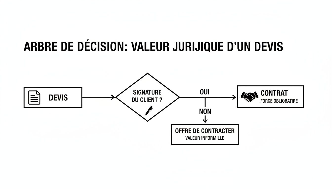 Diagramme expliquant si un devis signé devient un contrat obligatoire ou une offre informelle, illustrant sa valeur juridique.