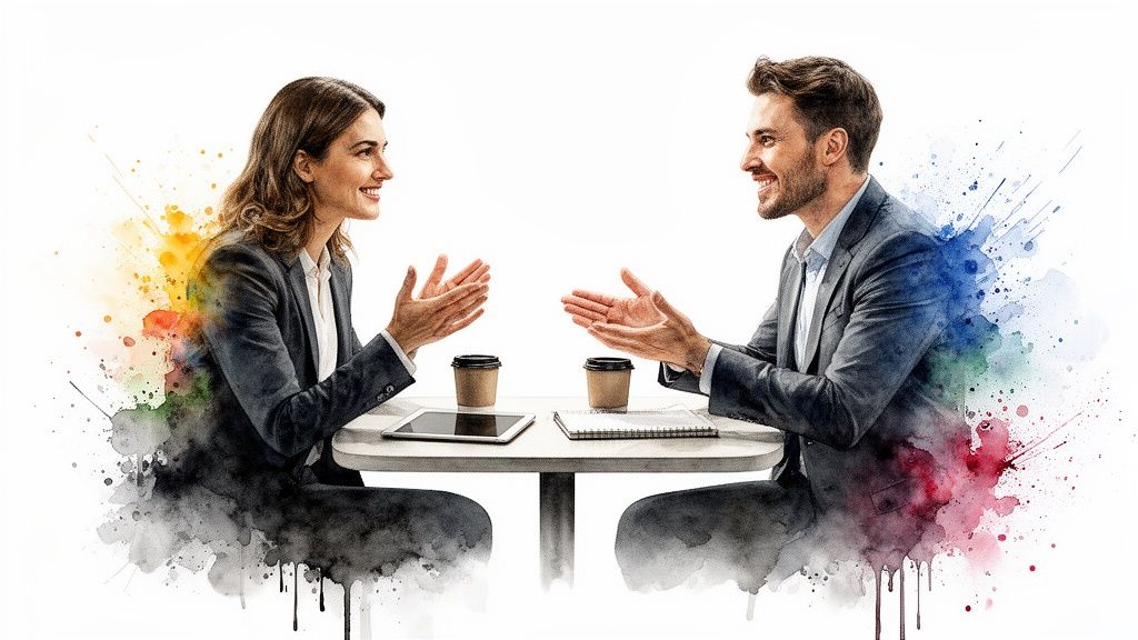 Deux professionnels souriants discutent, assis à une table avec des éclaboussures d'aquarelle vives.