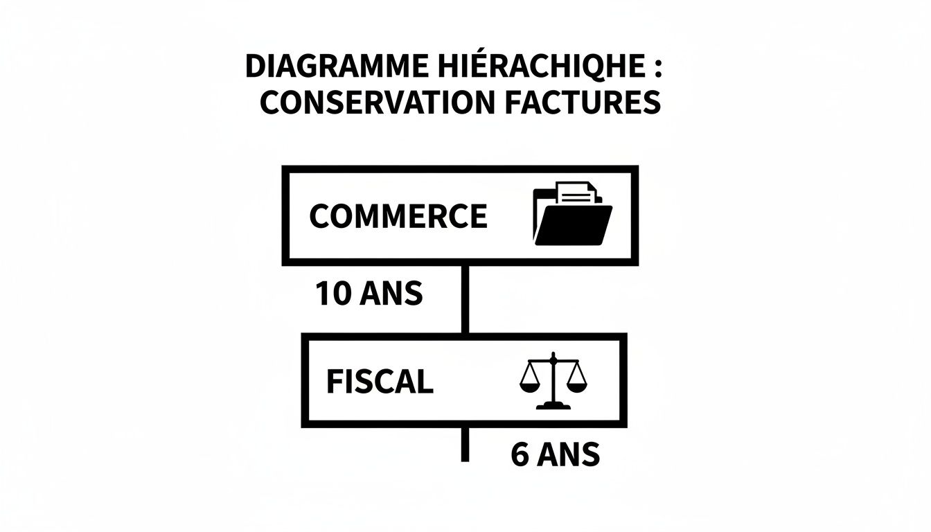 Diagramme hiérarchique détaillant les durées de conservation des factures commerciales (10 ans) et fiscales (6 ans).