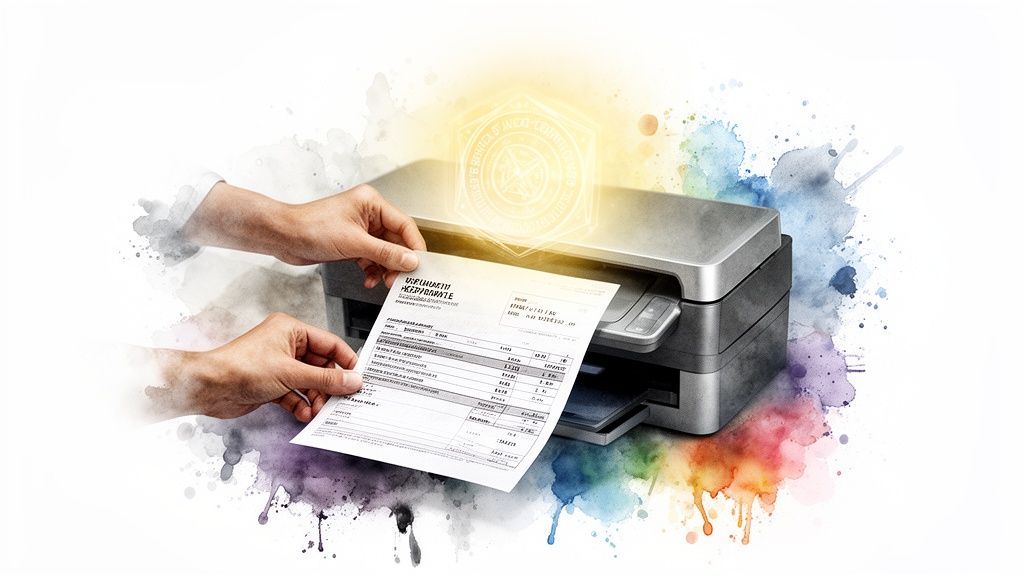 Des mains insèrent une facture dans une imprimante, avec un symbole sécurisé et des éclaboussures colorées.