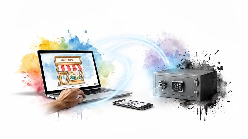 Image montrant un ordinateur portable avec un magasin en ligne, un smartphone et un coffre-fort sécurisé, symbolisant les transactions numériques et la sécurité des données.