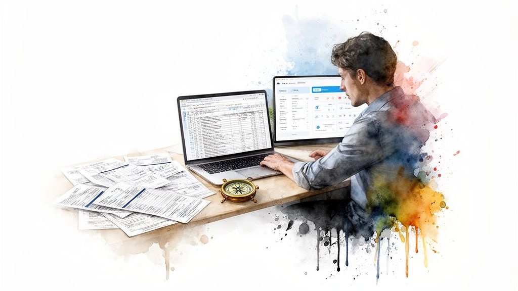 Un homme utilise un ordinateur portable et un écran secondaire affichant un logiciel de comptabilité, avec des documents et une boussole sur un bureau, dans un style aquarelle.
