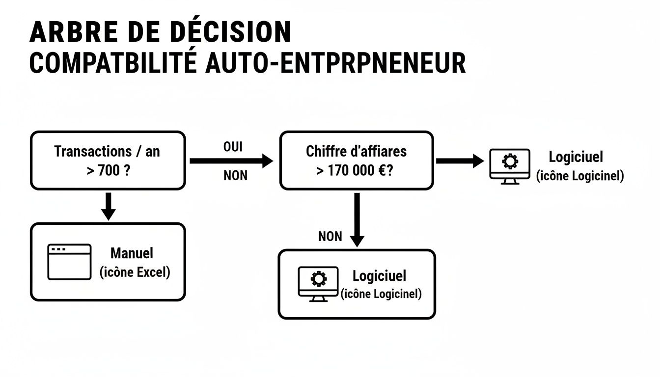 Arbre de décision pour auto-entrepreneurs sur le choix entre gestion manuelle ou logicielle selon les transactions et le chiffre d'affaires.