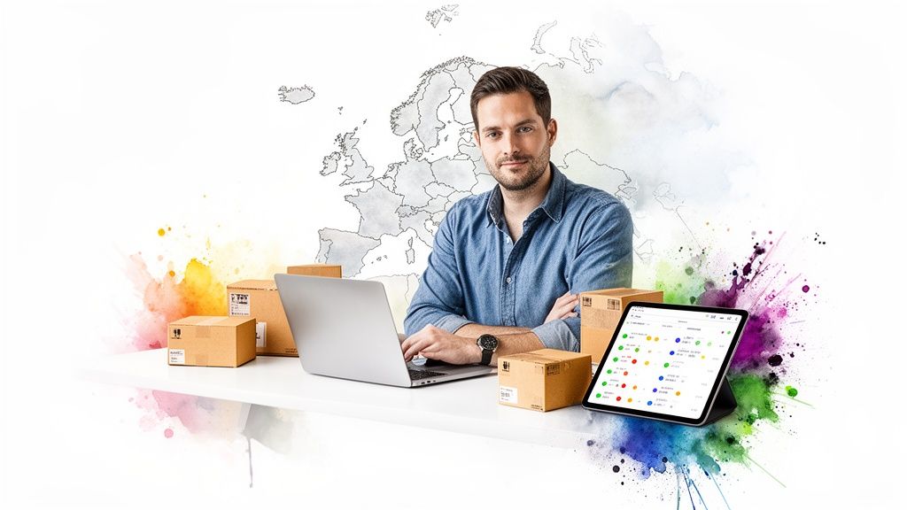 Un homme gère des colis et des données logistiques sur un ordinateur portable et une tablette, avec une carte de l'Europe en arrière-plan.