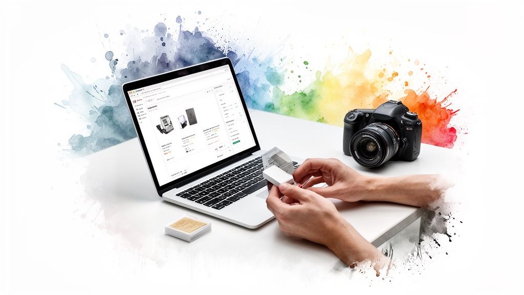 Mains préparant un produit pour la vente en ligne sur un ordinateur portable affichant une boutique Shopify, avec un appareil photo et des éclaboussures d'aquarelle.