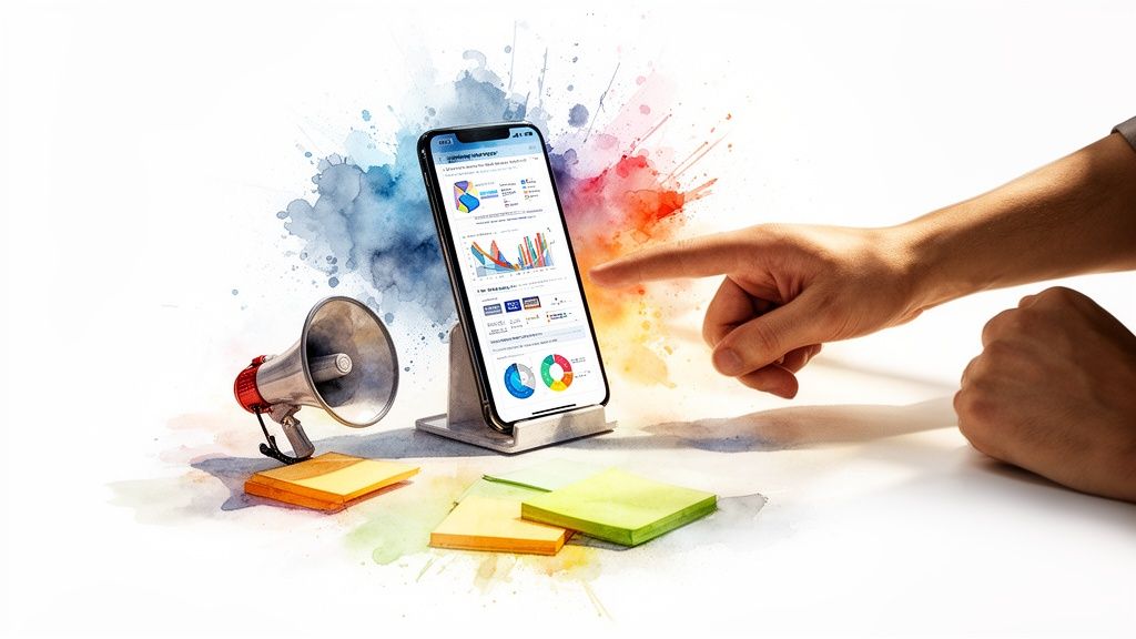 Main pointant un smartphone affichant des données et graphiques, avec un mégaphone et des notes, sur fond blanc éclaboussé d'aquarelle.