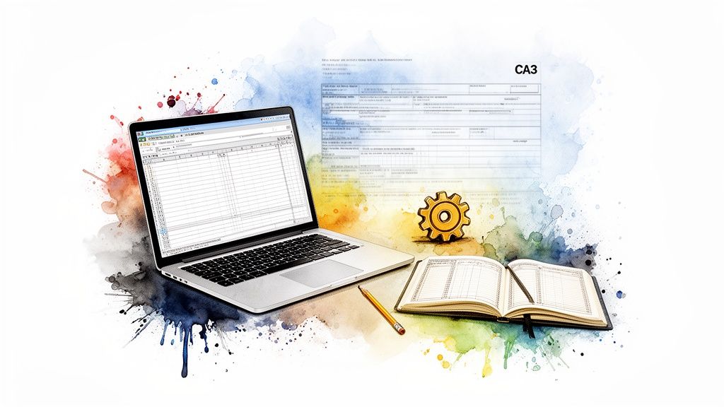 Ordinateur portable affichant un tableur, formulaire CA3, icône d'engrenage et livre de comptes, sur fond aquarelle.