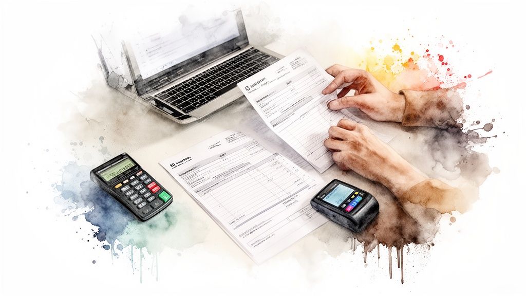 Des mains examinent des documents financiers près d'un ordinateur portable, d'une calculatrice et d'un terminal de paiement, avec un effet aquarelle.