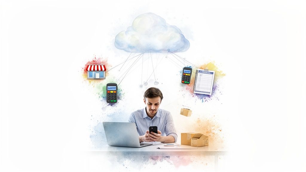 Un homme gère son entreprise en ligne avec un ordinateur portable, un téléphone, et divers outils connectés au cloud.