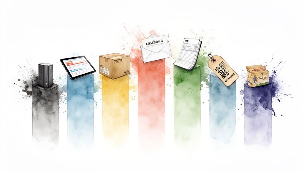 Objets d'affaires (serveur, tablette, colis, courrier, impôt, prix, ventes) sur des barres de couleur aquarelles.