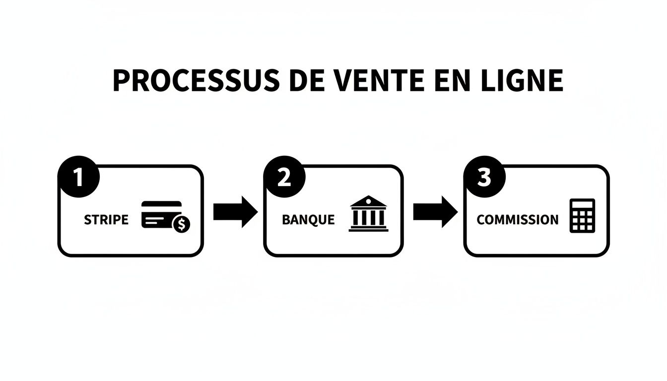 Diagramme du processus de vente en ligne montrant les étapes: Stripe pour le paiement, la banque et le calcul de commission.