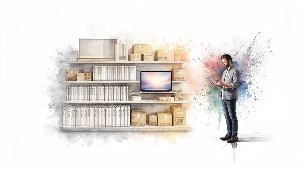 Un homme examine une tablette près d'étagères avec livres, boîtes et un ordinateur portable, style aquarelle.