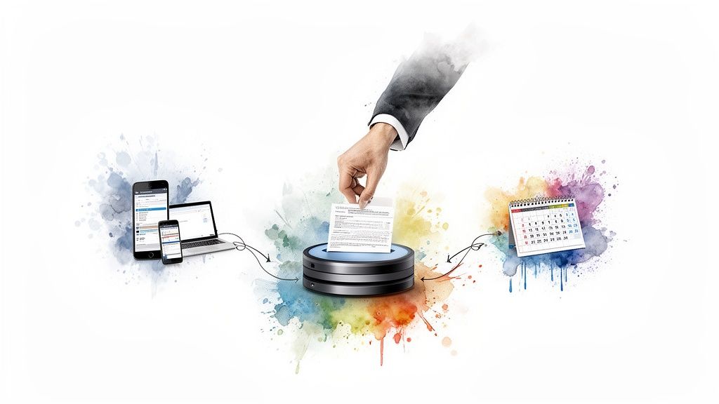 Une main dépose un document dans un système numérique, le reliant à des appareils mobiles et un calendrier.