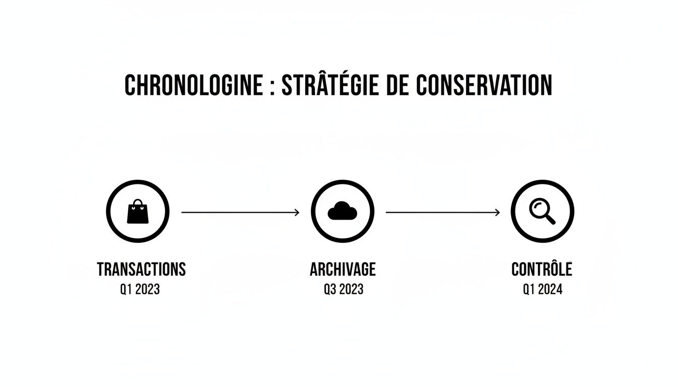 Chronologie illustrant la stratégie de conservation des documents comptables : transactions (T1 2023), archivage (T3 2023), contrôle (T1 2024).