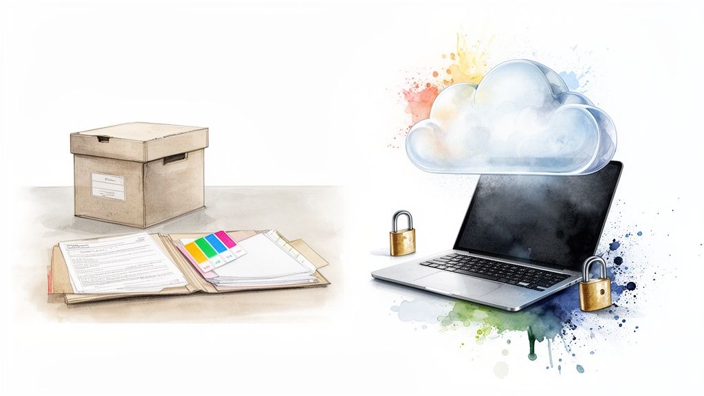 Comparaison de la conservation de documents physiques (boîte d'archives, dossiers) et du stockage numérique sécurisé dans le cloud (ordinateur portable, cadenas).