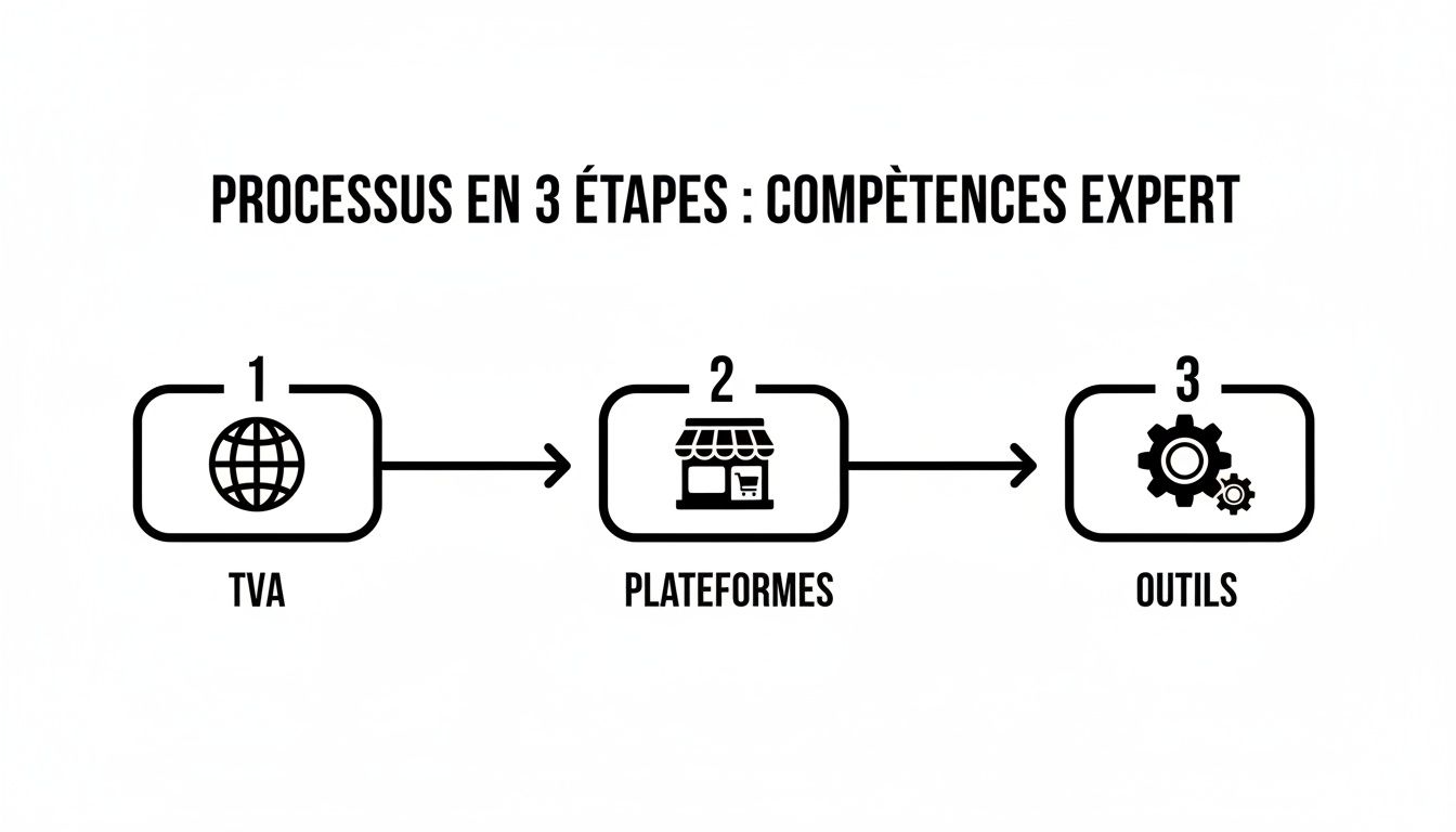 Un diagramme de processus en 3 étapes détaillant les compétences expertes en TVA, plateformes et outils pour le e-commerce.