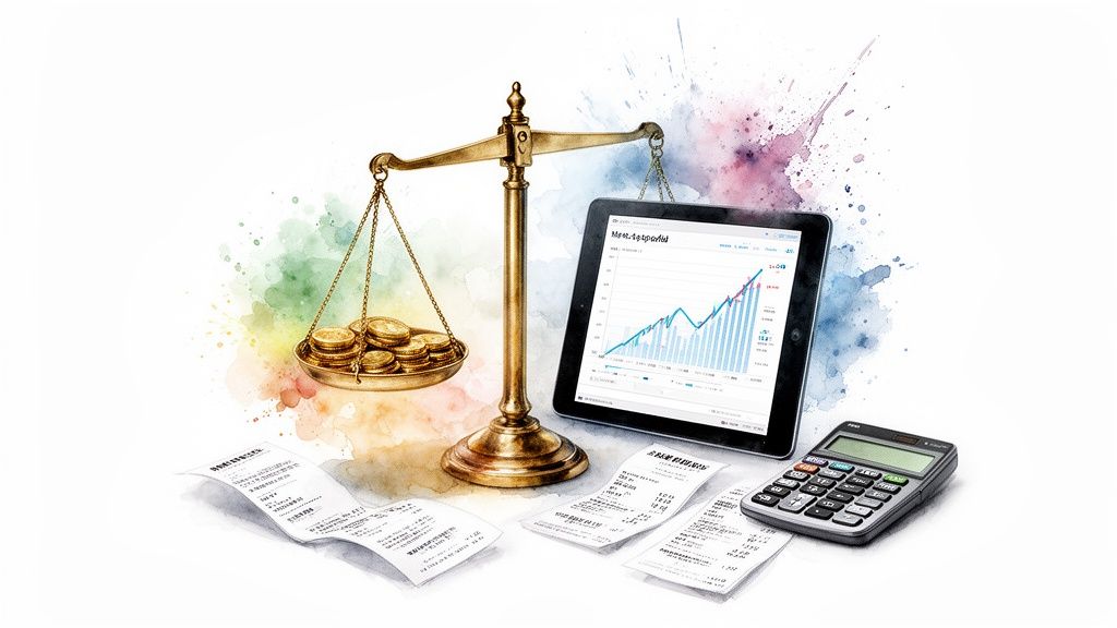 Une balance avec des pièces d'or, une tablette affichant des graphiques financiers, une calculatrice et des reçus, symbolisant la gestion financière.