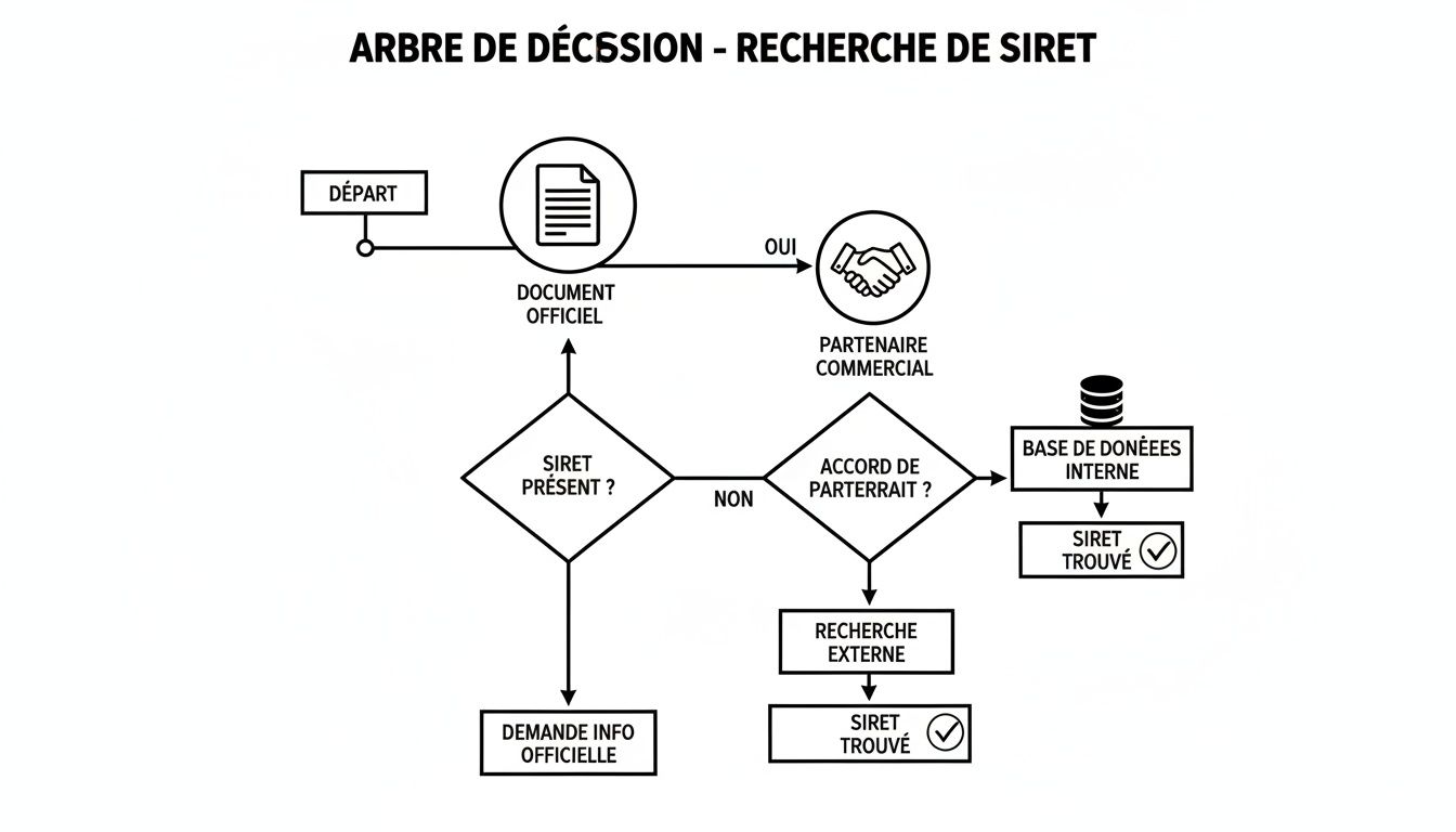 Diagramme de décision montrant le processus de recherche d'un numéro SIRET via des documents officiels, partenaires commerciaux et bases de données.