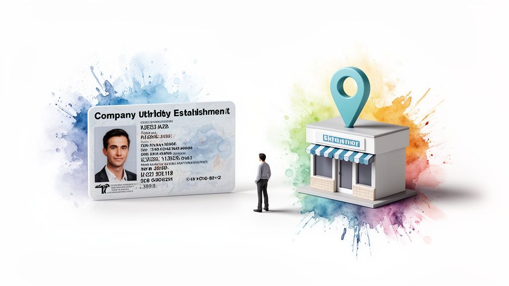 Un homme regarde un bâtiment avec une épingle de localisation, à côté d'une carte d'identité d'entreprise.