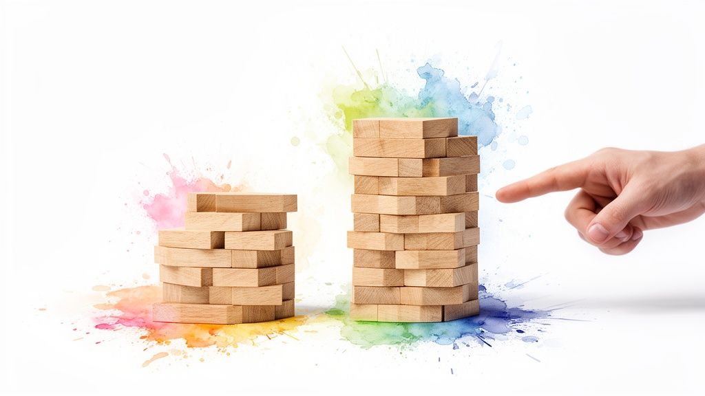 Une main pointe une tour de blocs en bois plus haute, avec des éclaboussures d'aquarelle colorées en arrière-plan.