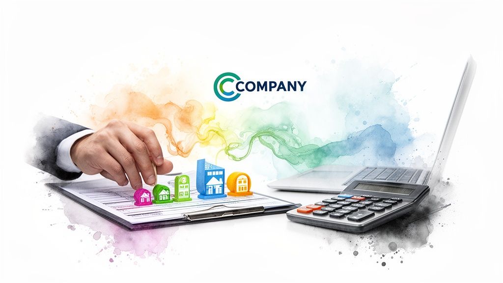 Main d'un homme d'affaires interagissant avec des icônes immobilières colorées sur un presse-papiers, avec ordinateur portable et calculatrice.
