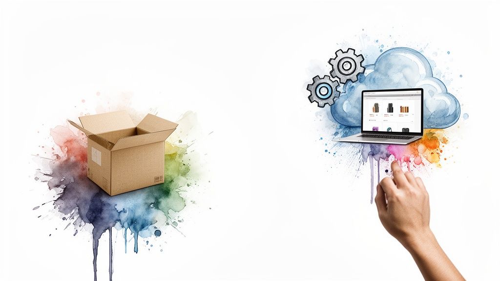 Boîte en carton ouverte et ordinateur portable avec boutique en ligne, symbolisant les services e-commerce.