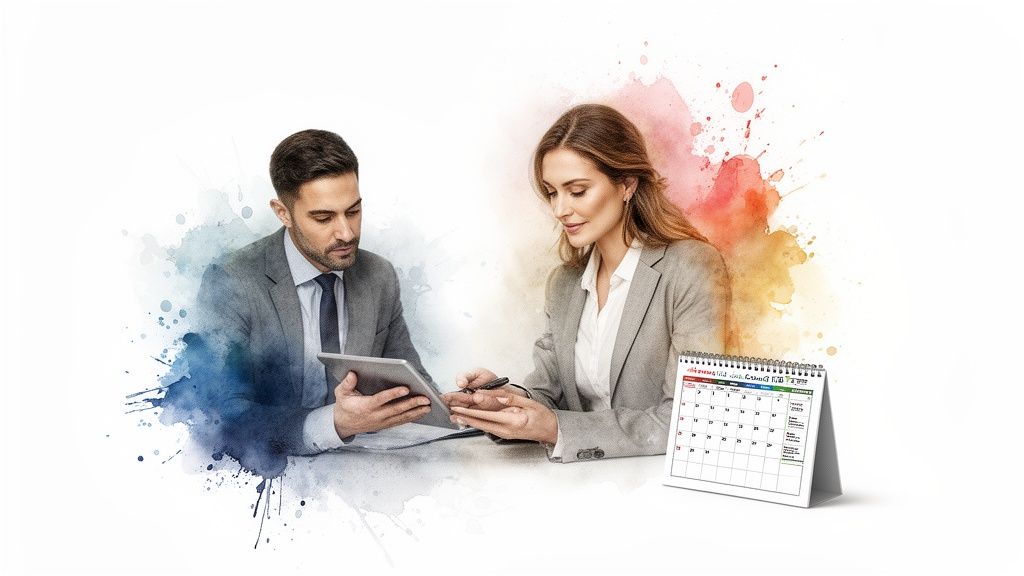 Deux professionnels discutent et planifient des activités sur une tablette avec un calendrier en arrière-plan.