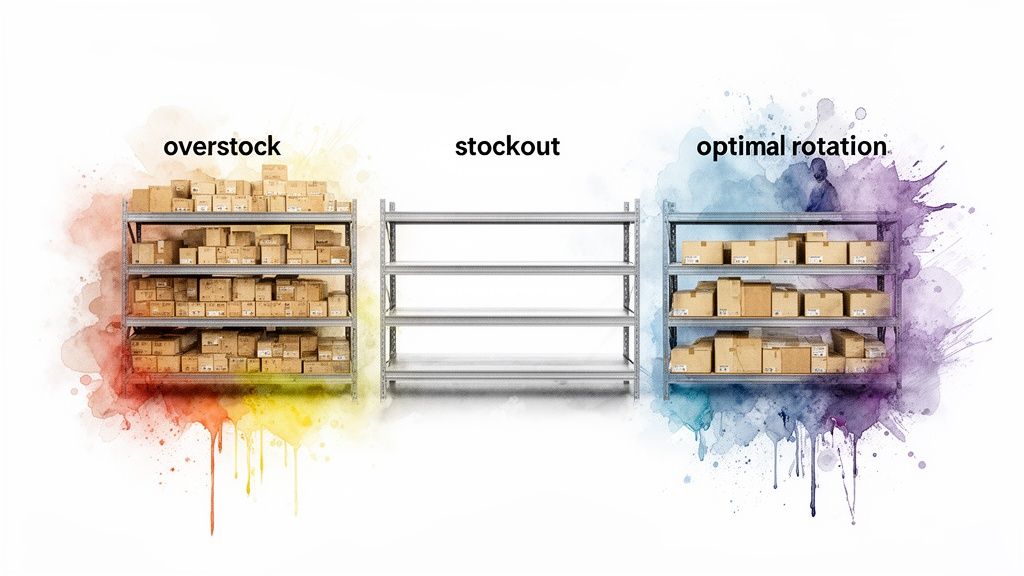 Représentation graphique de la gestion des stocks avec surstock, rupture de stock et rotation optimale des produits.
