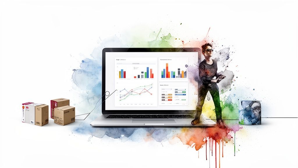Un homme analyse des données de stock sur un ordinateur portable, entouré d'éclaboussures de peinture et de colis.