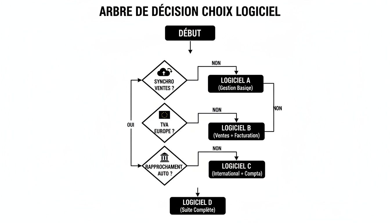 Arbre de décision pour le choix d'un logiciel de comptabilité, guidant l'utilisateur selon ses besoins spécifiques.